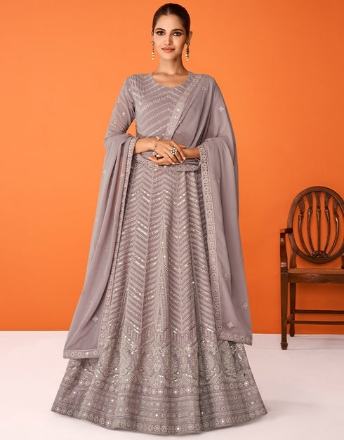 Mauve Anarkali style Anarkali Semi-Stitched Suits Salwar Kameez in Embroidery, Sequins & Lace Work