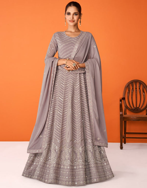 Mauve Anarkali style Anarkali Semi-Stitched Suits Salwar Kameez in Embroidery, Sequins & Lace Work