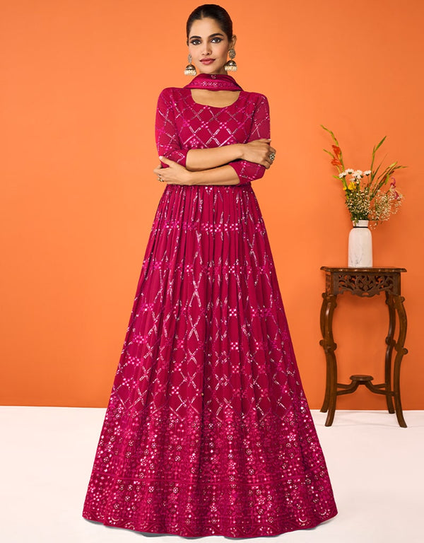 Magenta Anarkali style Anarkali Semi-Stitched Suits Salwar Kameez in Embroidery, Sequins & Lace Work