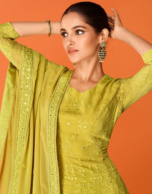 Mustard Green Anarkali style Anarkali Semi-Stitched Suits Salwar Kameez in Embroidery, Sequins & Lace Work Closure View