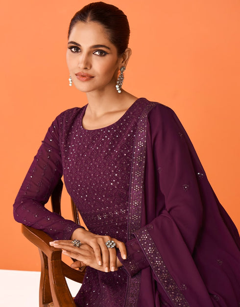 Dark Purple Anarkali style Anarkali Semi-Stitched Suits Salwar Kameez in Embroidery, Sequins & Lace Work Closure View