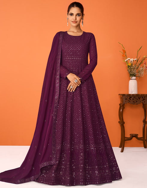 Dark Purple Anarkali style Anarkali Semi-Stitched Suits Salwar Kameez in Embroidery, Sequins & Lace Work