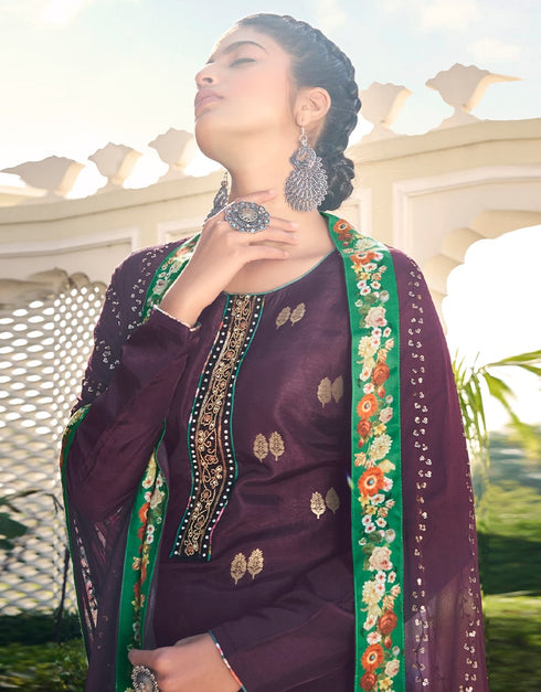 Purple Pant style Suit Pure Silk Jacquard Salwar Kameez in Khatli Work, Embroidery, Digital Print & Lace Work Closure View Embroidery