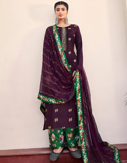 Purple Pant style Suit Pure Silk Jacquard Salwar Kameez in Khatli Work, Embroidery, Digital Print & Lace Work