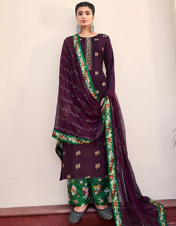 Purple Pant style Suit Pure Silk Jacquard Salwar Kameez in Khatli Work, Embroidery, Digital Print & Lace Work