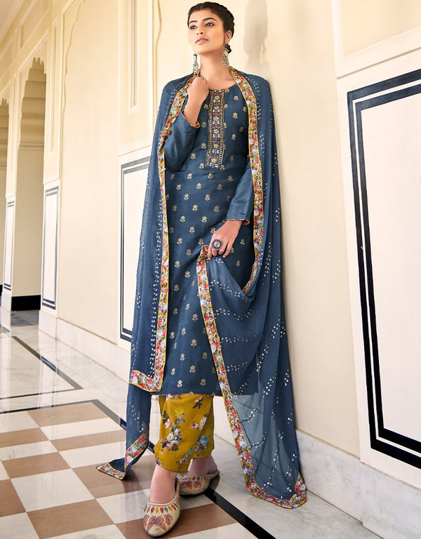 Light Blue Pant style Suit Pure Silk Jacquard Salwar Kameez in Khatli Work, Embroidery, Digital Print & Lace Work