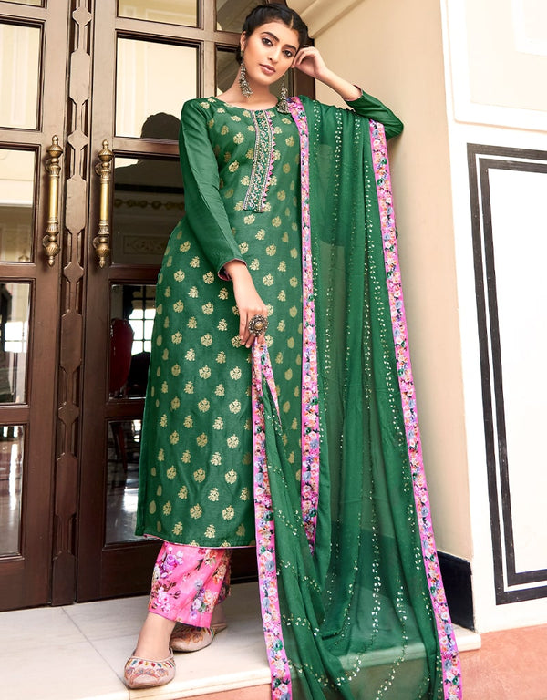 Green Pant style Suit Pure Silk Jacquard Salwar Kameez in Khatli Work, Embroidery, Digital Print & Lace Work