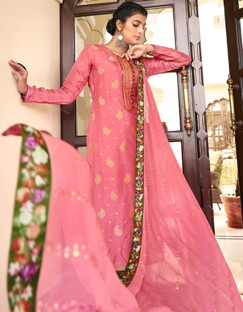 Dusty Pink Pant style Suit Pure Silk Jacquard Salwar Kameez in Khatli Work, Embroidery, Digital Print & Lace Work Closure View