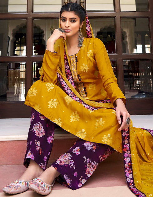 Mustard Pant style Suit Pure Silk Jacquard Salwar Kameez in Khatli Work, Embroidery, Digital Print & Lace Work Closure View