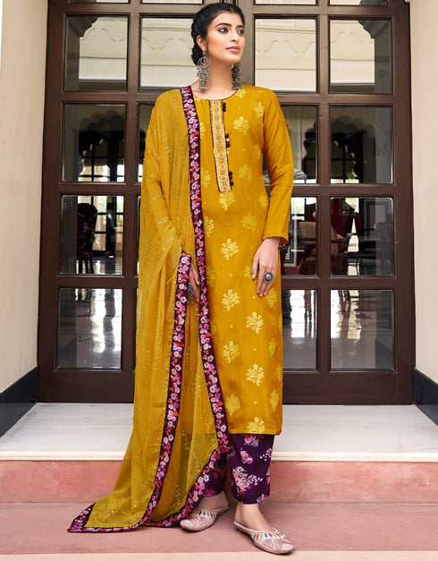 Mustard Pant style Suit Pure Silk Jacquard Salwar Kameez in Khatli Work, Embroidery, Digital Print & Lace Work
