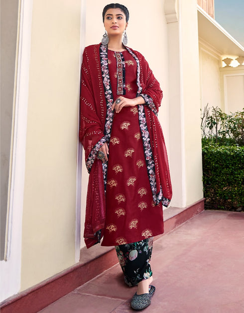 Red Pant style Suit Pure Silk Jacquard Salwar Kameez in Khatli Work, Embroidery, Digital Print & Lace Work
