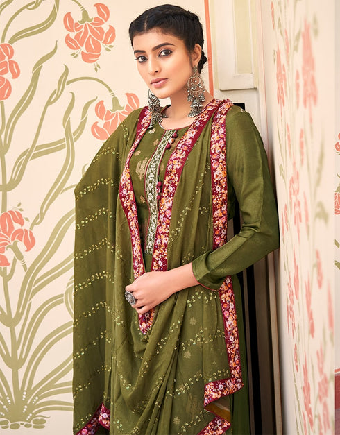 Olive Pant style Suit Pure Silk Jacquard Salwar Kameez in Khatli Work, Embroidery, Digital Print & Lace Work Closure View