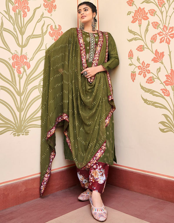 Olive Pant style Suit Pure Silk Jacquard Salwar Kameez in Khatli Work, Embroidery, Digital Print & Lace Work