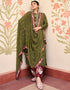 Olive Pant style Suit Pure Silk Jacquard Salwar Kameez in Khatli Work, Embroidery, Digital Print & Lace Work
