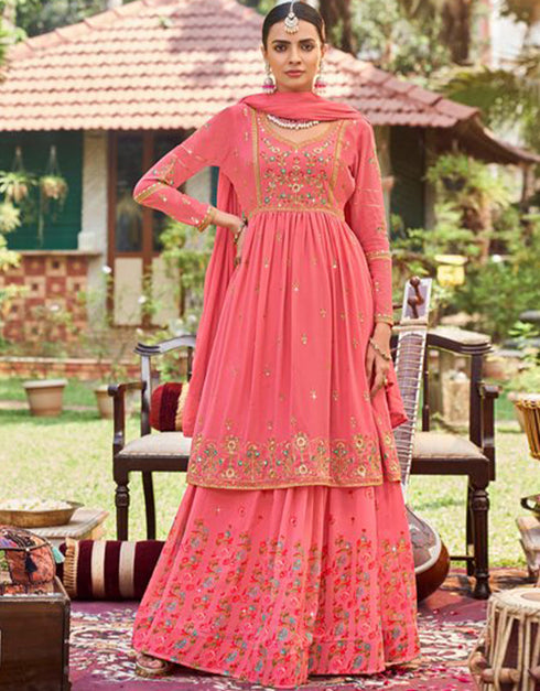 stylish watermelon pink fox gorgette designer party wear salwar suit with watermelon pink fox gorgette ie-941 Front View