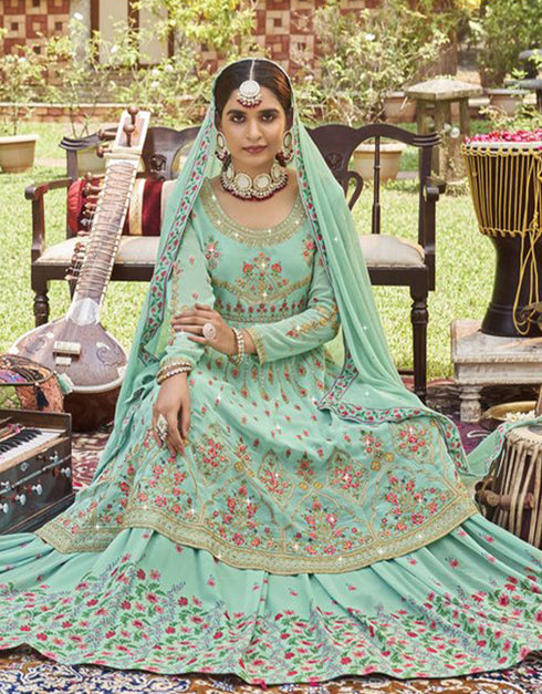 trendy shadow green fox gorgette designer party wear salwar suit with shadow green fox gorgette ie-943 Back View