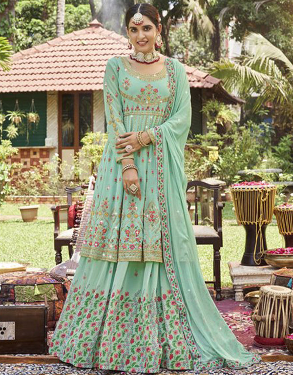 trendy shadow green fox gorgette designer party wear salwar suit with shadow green fox gorgette ie-943 Front View