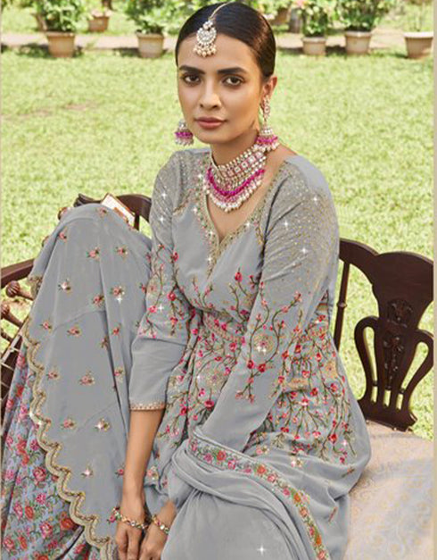 elegant french grey fox gorgette designer party wear salwar suit with french grey fox gorgette ie-944 Close-up View