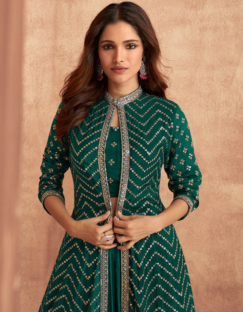 Green Lehenga style Suit Readymade Lehenga Choli With Jacket Salwar Kameez in Heavy Embroidery, Sequins & Lace Work Closure View