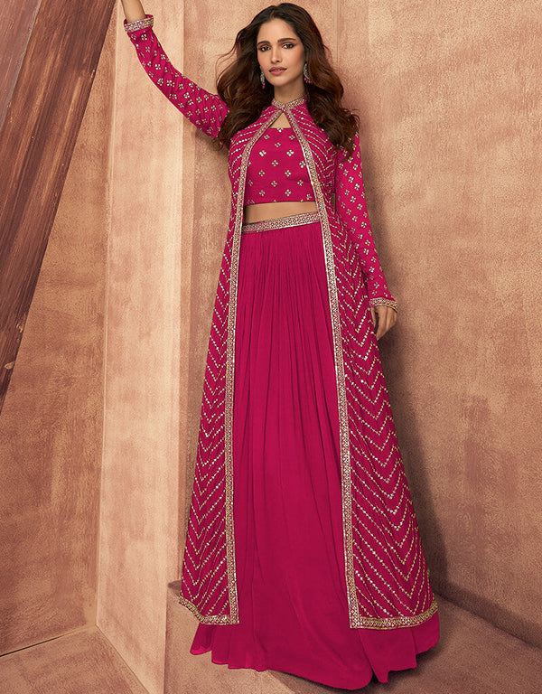 Pink Lehenga style Suit Readymade Lehenga Choli With Jacket Salwar Kameez in Heavy Embroidery, Sequins & Lace Work