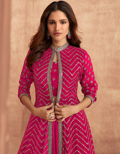 Pink Lehenga style Suit Readymade Lehenga Choli With Jacket Salwar Kameez in Heavy Embroidery, Sequins & Lace Work Closure View