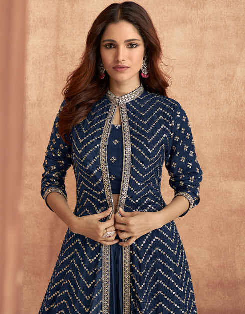 Navy Blue Lehenga style Suit Readymade Lehenga Choli With Jacket Salwar Kameez in Heavy Embroidery, Sequins & Lace Work Closure View