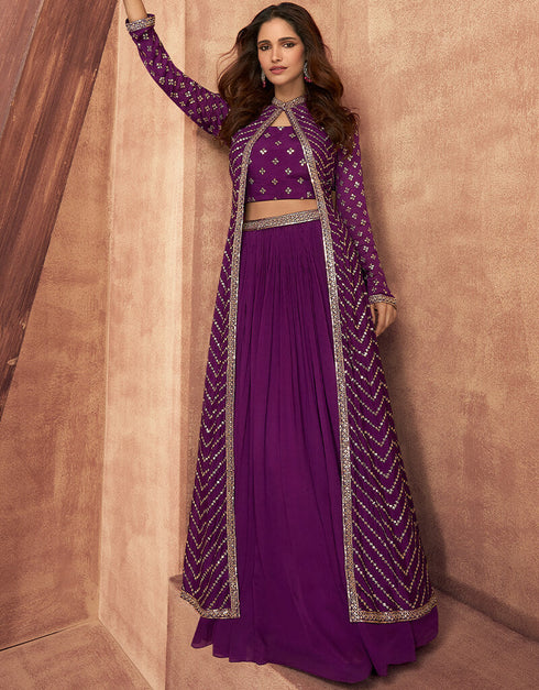 Purple Lehenga style Suit Readymade Lehenga Choli With Jacket Salwar Kameez in Heavy Embroidery, Sequins & Lace Work