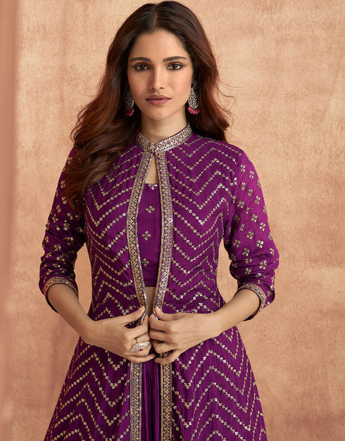 Purple Lehenga style Suit Readymade Lehenga Choli With Jacket Salwar Kameez in Heavy Embroidery, Sequins & Lace Work Closure View