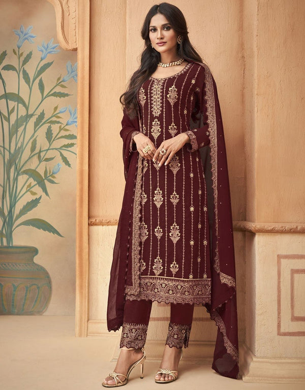 Dark Wine Pant style Straight Faux Georgette Salwar Kameez in Embroidery, Stone & Lace Work