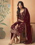 Dark Wine Pant style Straight Faux Georgette Salwar Kameez in Embroidery, Stone & Lace Work Closure View