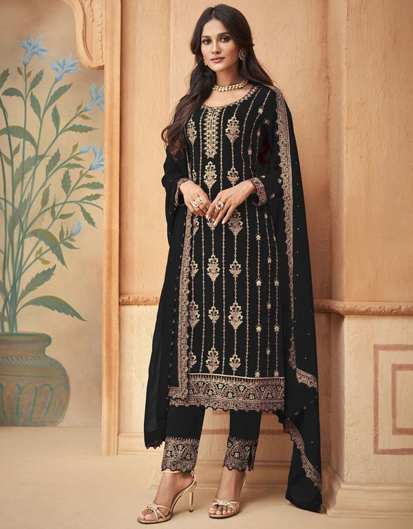 Sea Green Pant style Straight Faux Georgette Salwar Kameez in Embroidery, Stone & Lace Work