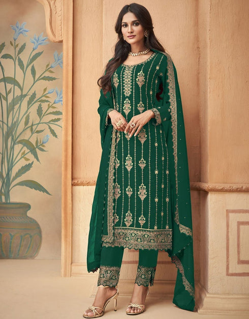 Green Pant style Straight Faux Georgette Salwar Kameez in Embroidery, Stone & Lace Work