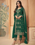 Green Pant style Straight Faux Georgette Salwar Kameez in Embroidery, Stone & Lace Work