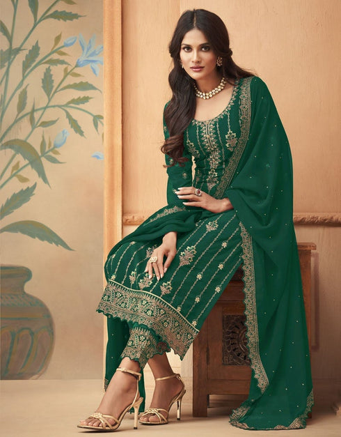 Green Pant style Straight Faux Georgette Salwar Kameez in Embroidery, Stone & Lace Work Closure View