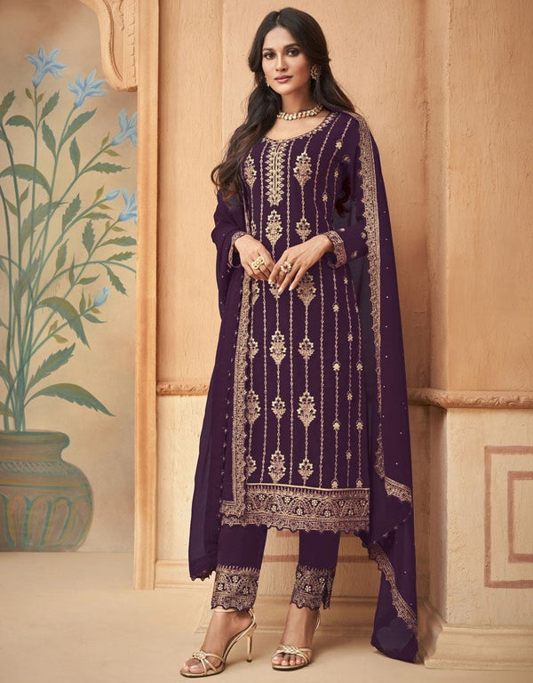 Dark Purple Pant style Straight Faux Georgette Salwar Kameez in Embroidery, Stone & Lace Work