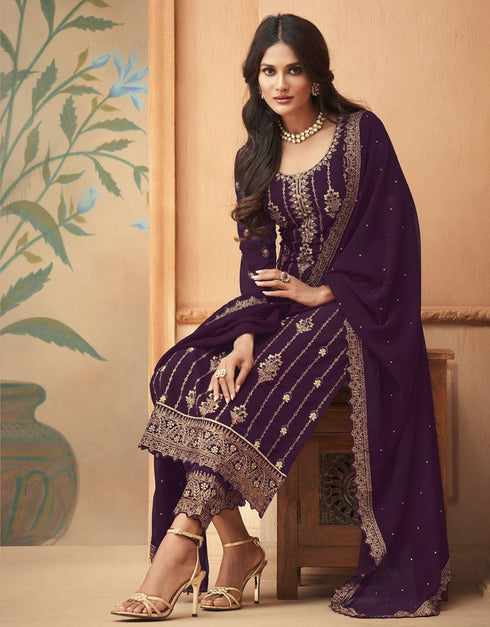Dark Purple Pant style Straight Faux Georgette Salwar Kameez in Embroidery, Stone & Lace Work Closure View