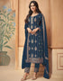 Blue Pant style Straight Faux Georgette Salwar Kameez in Embroidery, Stone & Lace Work