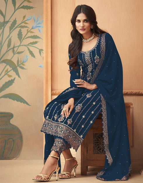 Blue Pant style Straight Faux Georgette Salwar Kameez in Embroidery, Stone & Lace Work Closure View
