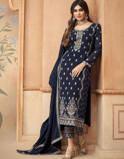 Royal Blue Pant style Straight Faux Georgette Salwar Kameez in Embroidery, Stone & Lace Work