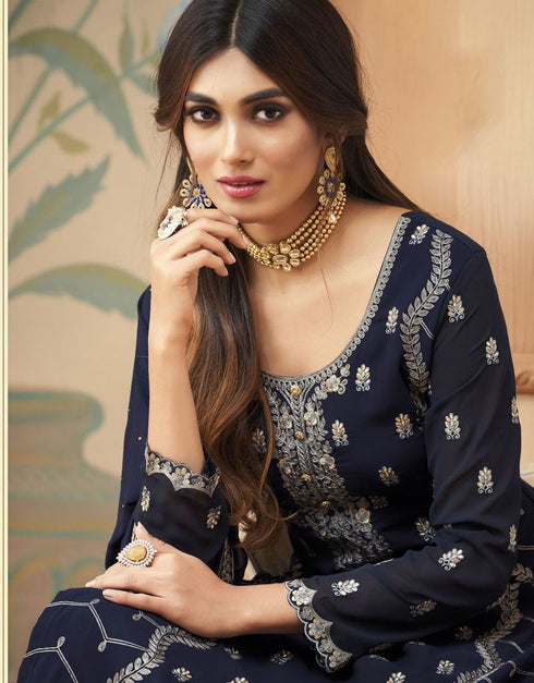 Royal Blue Pant style Straight Faux Georgette Salwar Kameez in Embroidery, Stone & Lace Work Closure View