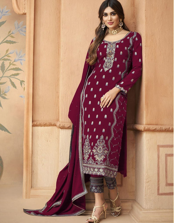 Dark Wine Pant style Straight Faux Georgette Salwar Kameez in Embroidery, Stone & Lace Work