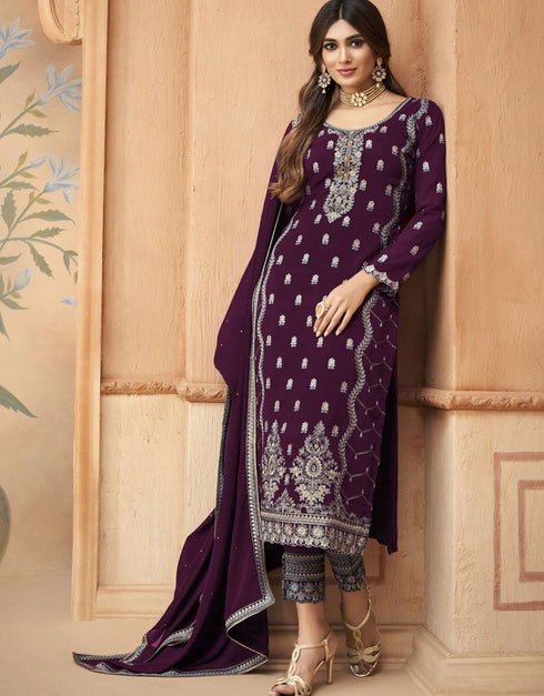 Dark Purple Pant style Straight Faux Georgette Salwar Kameez in Embroidery, Stone & Lace Work