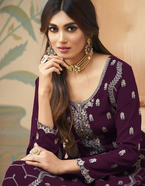Dark Purple Pant style Straight Faux Georgette Salwar Kameez in Embroidery, Stone & Lace Work Closure View