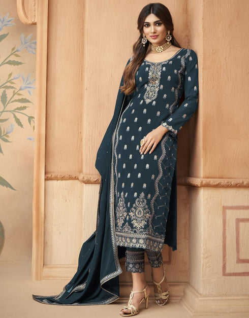 Dusty Blue Pant style Straight Faux Georgette Salwar Kameez in Embroidery, Stone & Lace Work