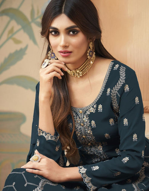 Dusty Blue Pant style Straight Faux Georgette Salwar Kameez in Embroidery, Stone & Lace Work Closure View