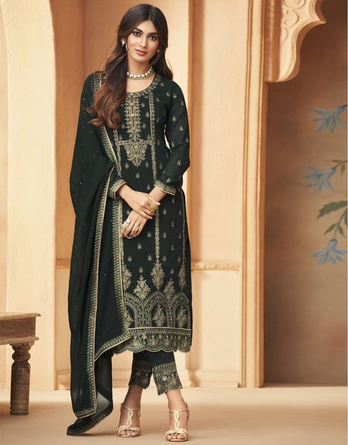 Black Pant style Straight Faux Georgette Salwar Kameez in Embroidery, Stone & Lace Work