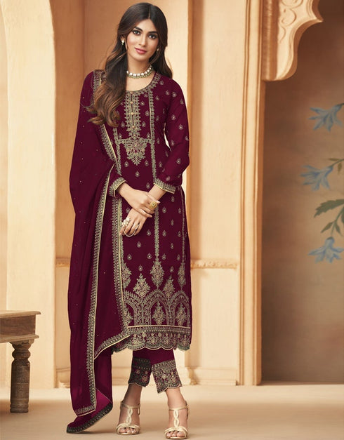 Dark Wine Pant style Straight Faux Georgette Salwar Kameez in Embroidery, Stone & Lace Work