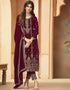 Dark Wine Pant style Straight Faux Georgette Salwar Kameez in Embroidery, Stone & Lace Work
