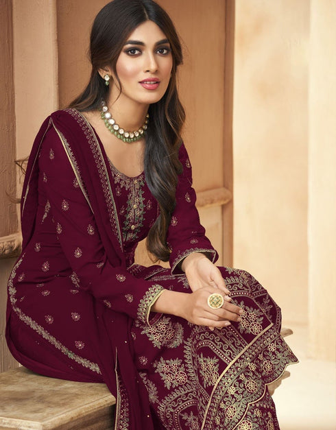 Dark Wine Pant style Straight Faux Georgette Salwar Kameez in Embroidery, Stone & Lace Work Closure View