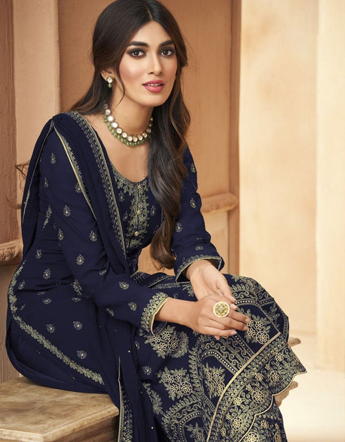 Royal Blue Pant style Straight Faux Georgette Salwar Kameez in Embroidery, Stone & Lace Work Closure View